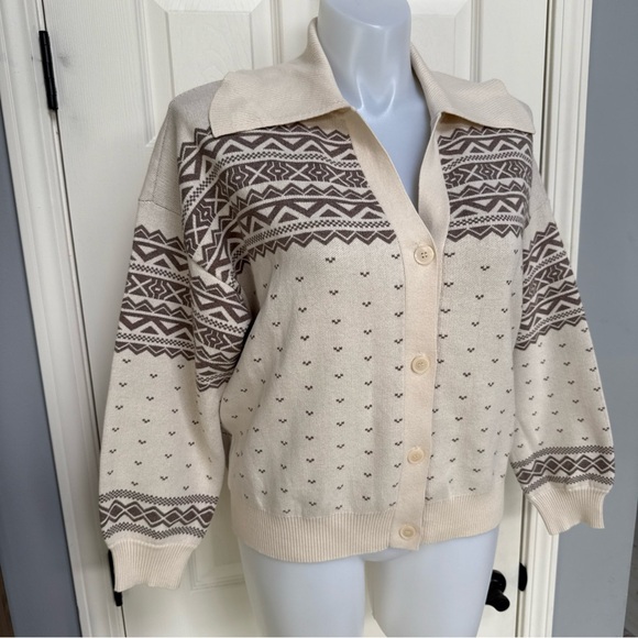 Ann Taylor LOFT Women Fair Isle Collar Button Cardigan Sweater Aztec Argyle XL - Picture 3 of 8